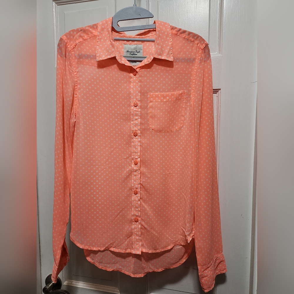 American Eagle Outfitters Orange Polka Dot Blouse -Small